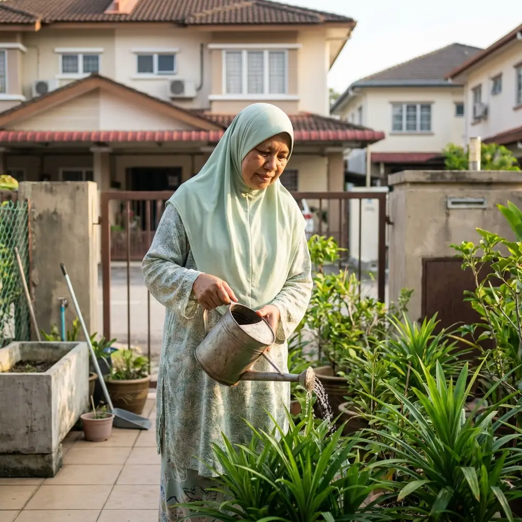 Wanita menyiram tanaman dengan selesa